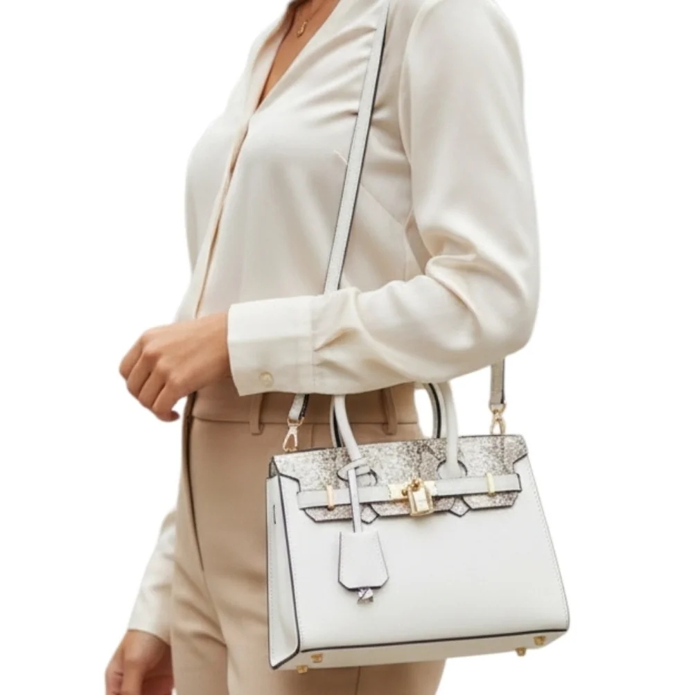 Beige Faux Snakeskin Square Crossbody Lock Charm Purse